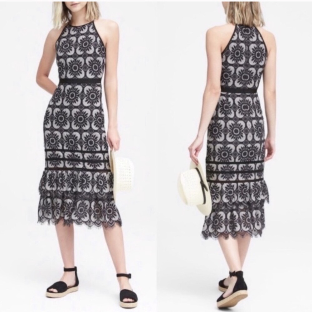 Black & grey flower lace midi dress